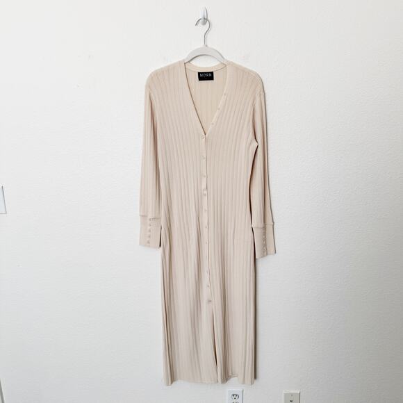 [Modern Citizen] MDRN Beige Ribbed V-Neck Longline Button Cardigan Sweater XL - Picture 1 of 12